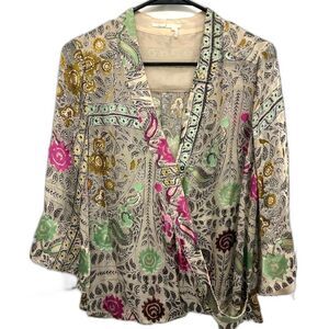 Anthropologie S Floreat Wrap Front Bohemian Blouse Watercolor Look